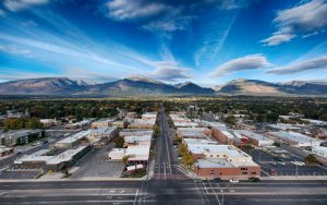 Aerial view of Hamilton Montana looking west down Main Street